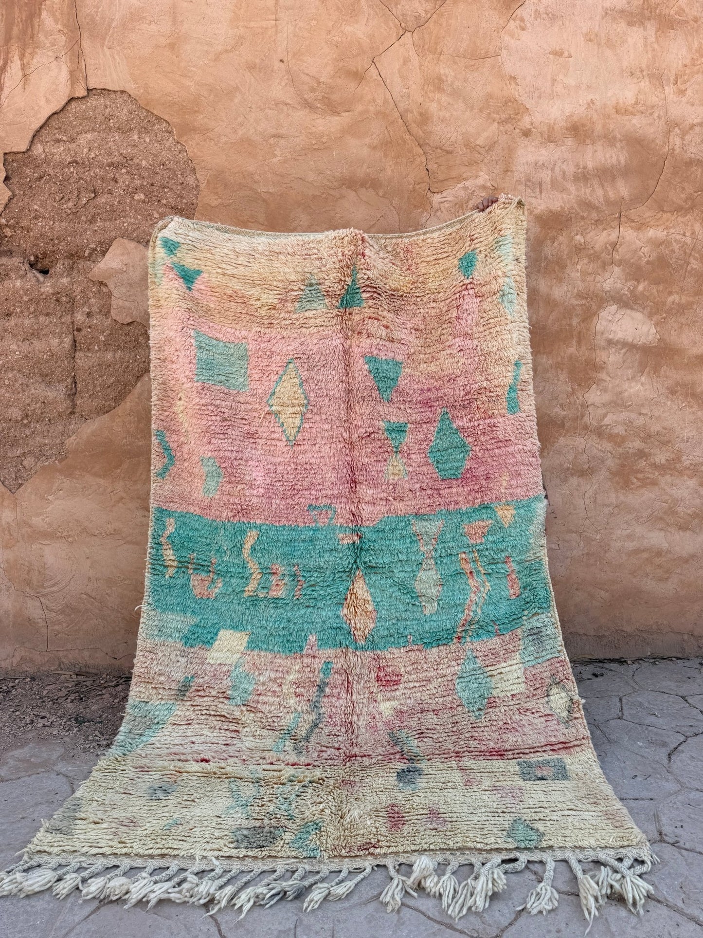 Boujaad Moroccan rug - Pastel Pink/Beige/Turqoise - 260cm x 161cm - Rohi Threads