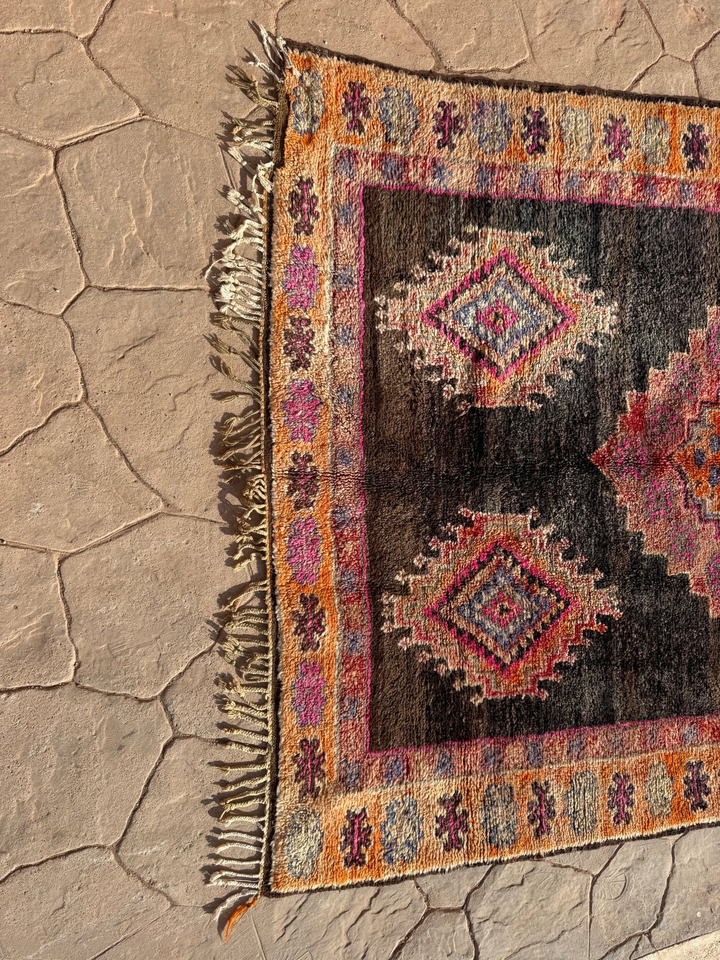 Boujaad Vintage Moroccan Rug - 280cm x 175cm - Charcoal/Orange/Magenta - Rohi Threads