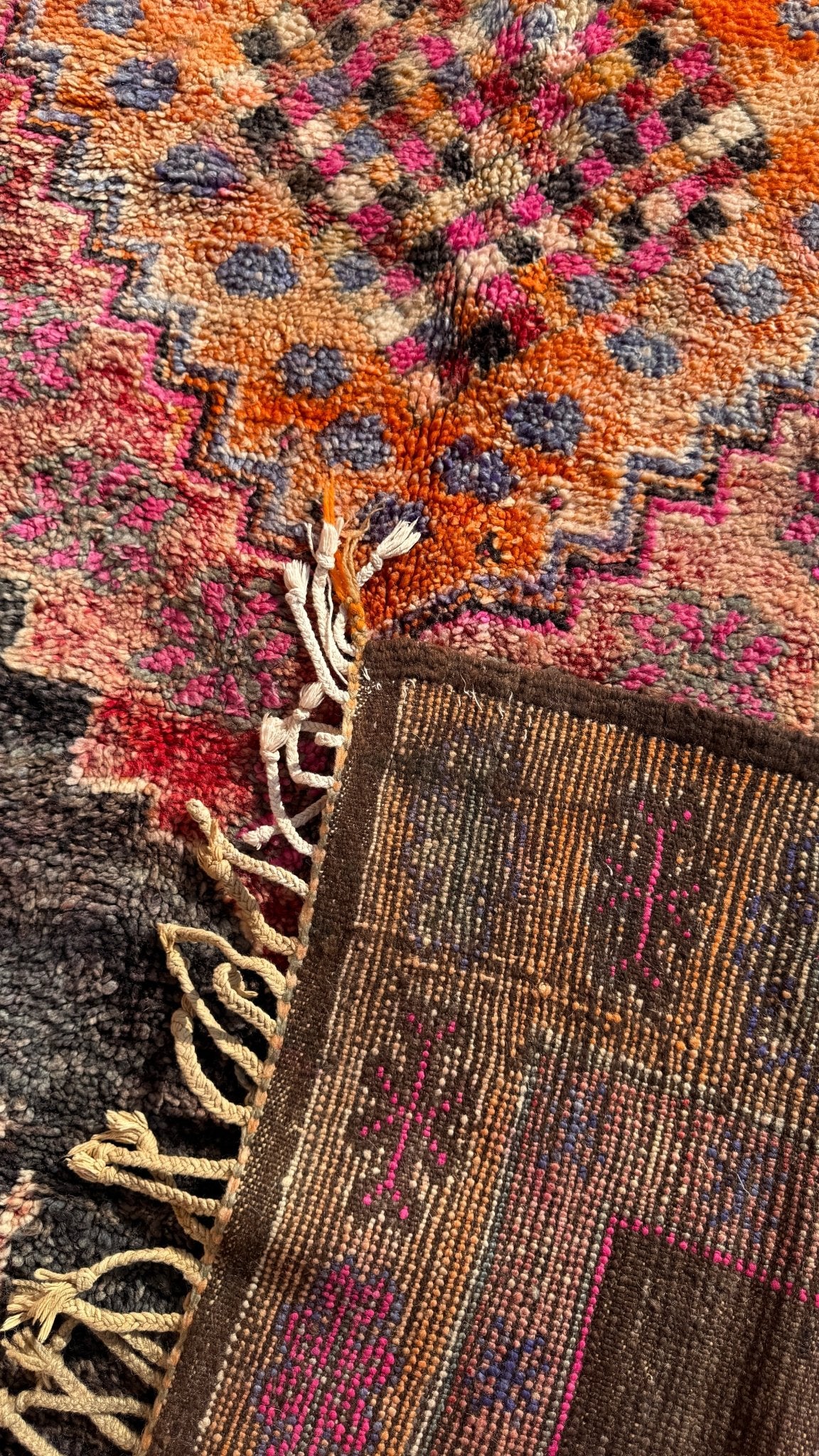 Boujaad Vintage Moroccan Rug - 280cm x 175cm - Charcoal/Orange/Magenta - Rohi Threads