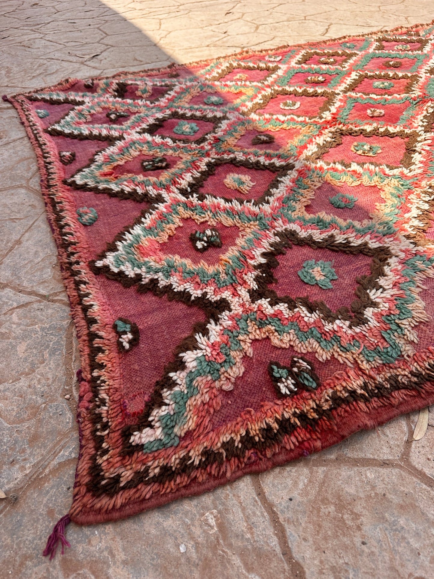 Vintage Moroccan Rug Boujaad - Pink/Brown/Green - 254cm x 158cm - Rohi Threads