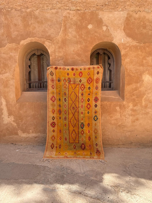 Azilal Vintage Small Moroccan Rug - Yellow - 221cm x 126cm - Rohi Threads