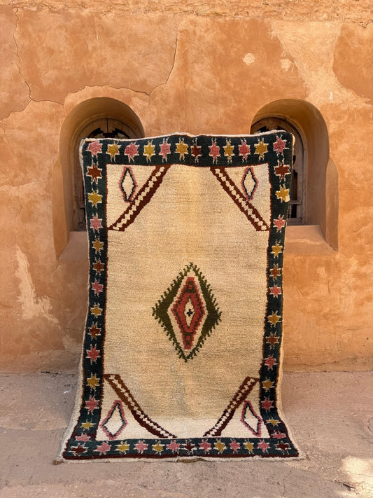 Beni Mellal Vintage Moroccan Rug - Cream/Blue - 245cm x 143cm - Rohi Threads