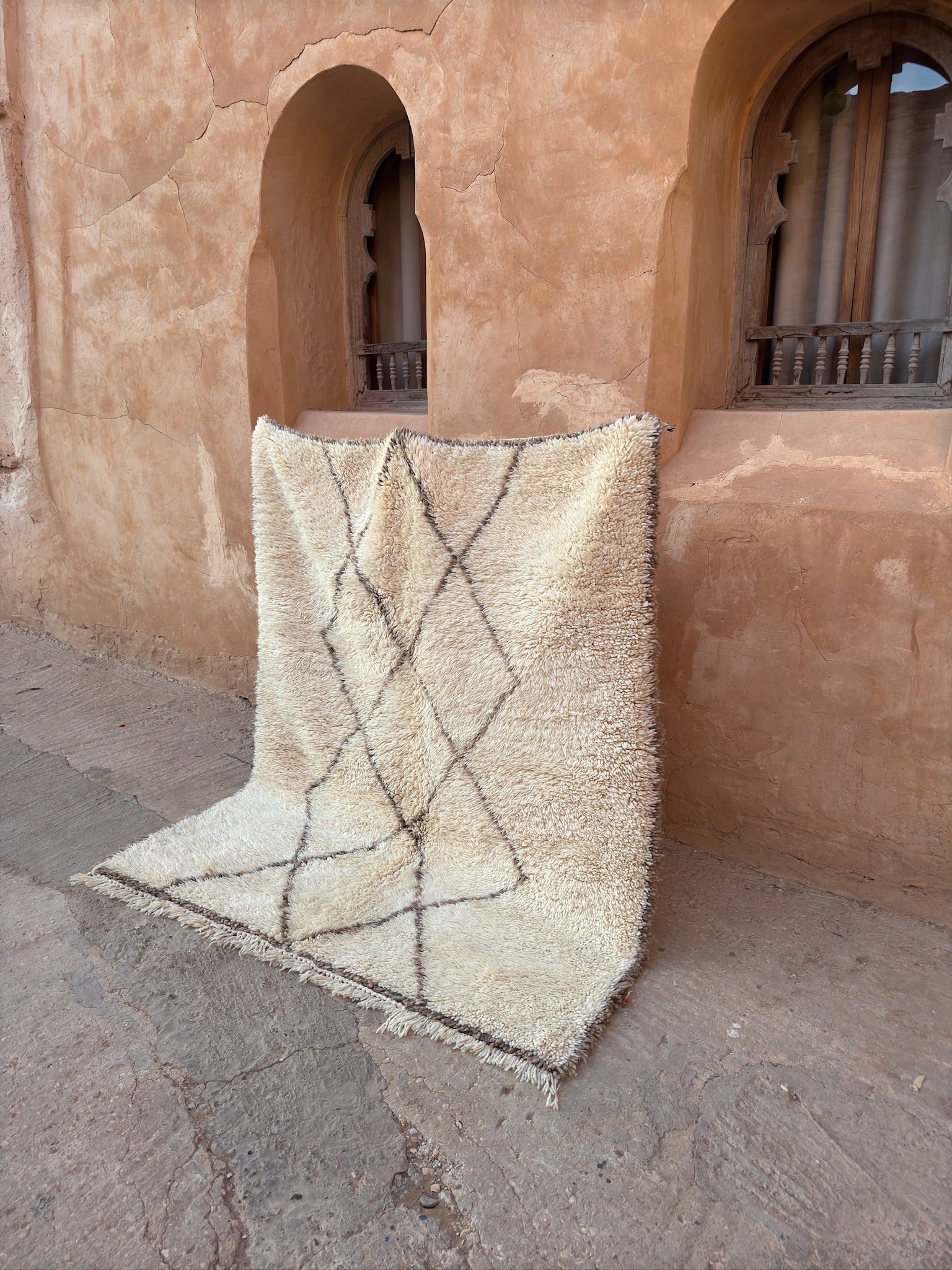Beni Ouarain Moroccan Rug - Cream/Brown - 185cm x 154cm - Rohi Threads