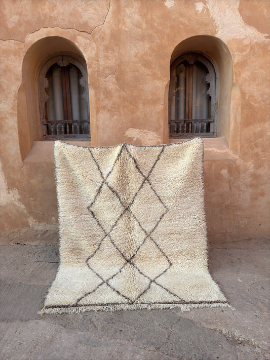 Beni Ouarain Moroccan Rug - Cream/Brown - 185cm x 154cm - Rohi Threads
