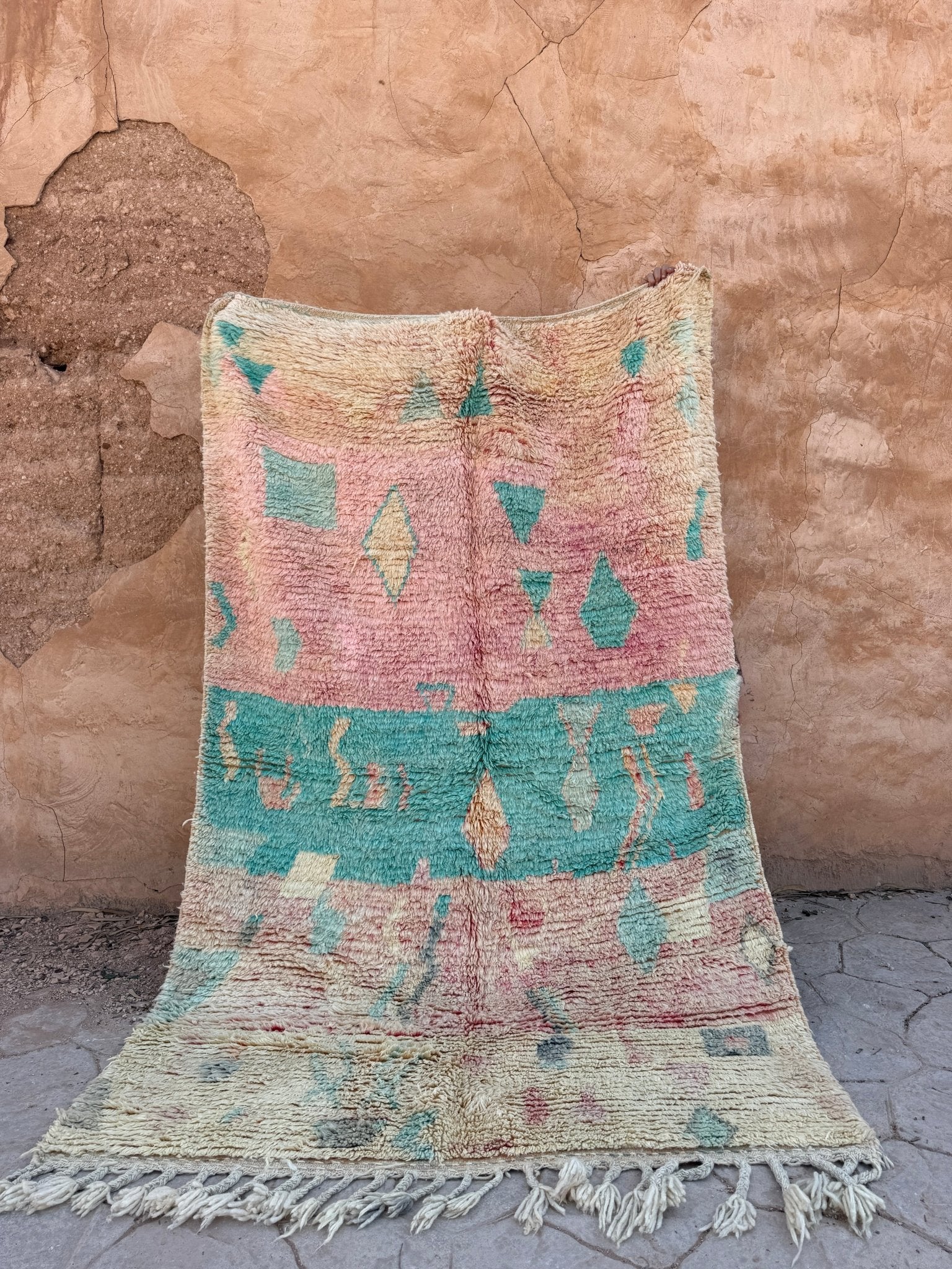 Boujaad Moroccan rug - Pastel Pink/Beige/Turqoise - 260cm x 161cm - Rohi Threads