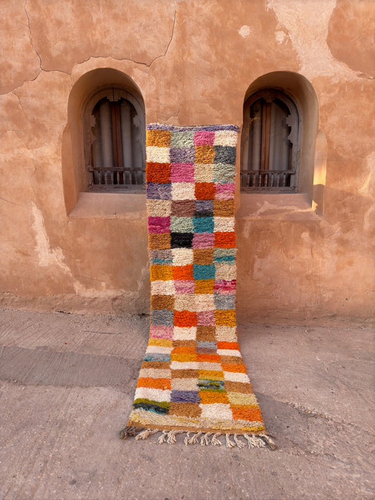 Boujaad Moroccan Runner - Multicoloured Checkered - 315cm x 80cm - Rohi Threads