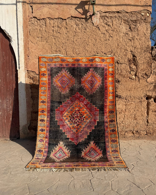 Boujaad Vintage Moroccan Rug - 280cm x 175cm - Charcoal/Orange/Magenta - Rohi Threads
