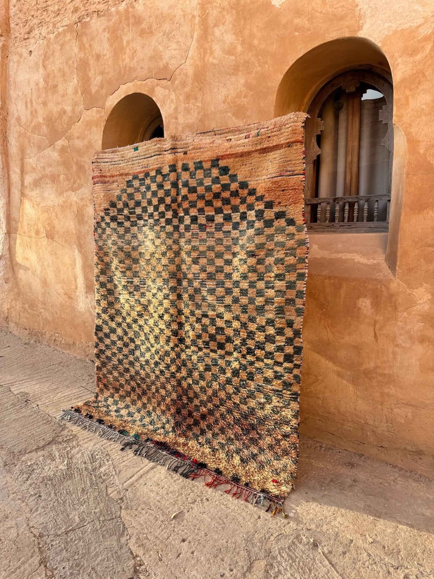 Boujaad Vintage Moroccan Rug - Coral/Green Checkered - 213cm x 174cm - Rohi Threads