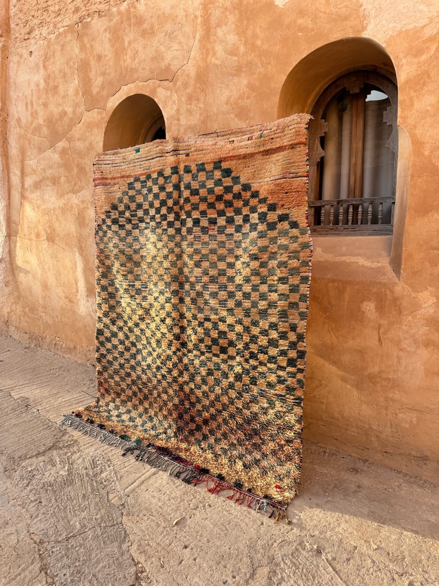 Boujaad Vintage Moroccan Rug - Coral/Green Checkered - 213cm x 174cm - Rohi Threads
