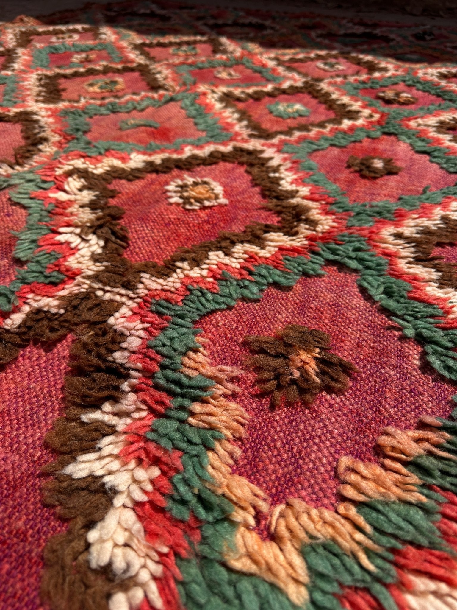 Vintage Moroccan Rug Boujaad - Pink/Brown/Green - 254cm x 158cm - Rohi Threads